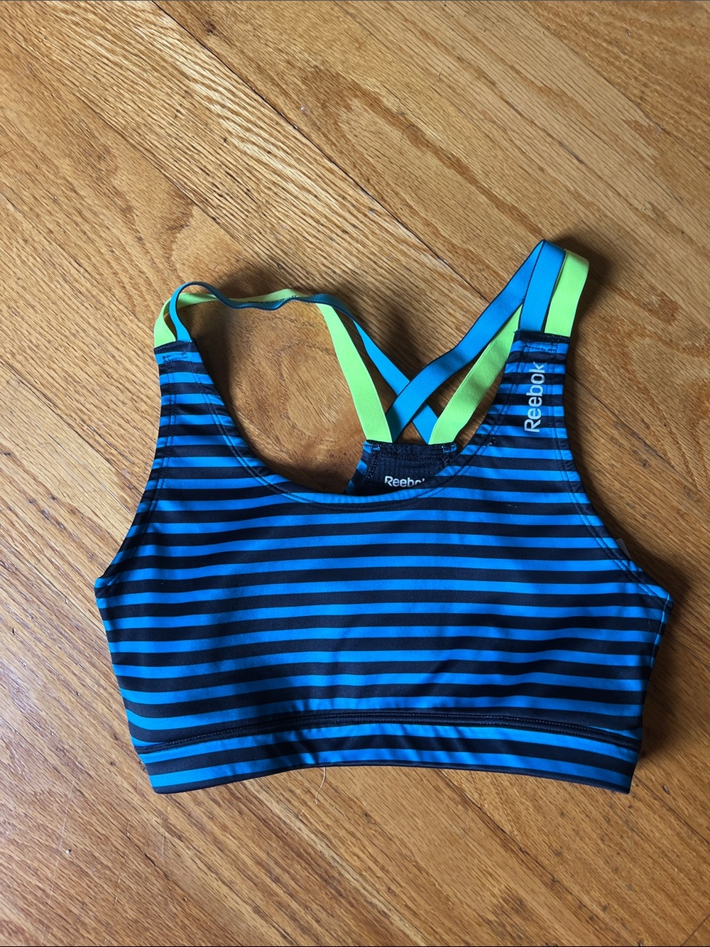 Reebok Blue & Black Striped sports bra with Lime Straps